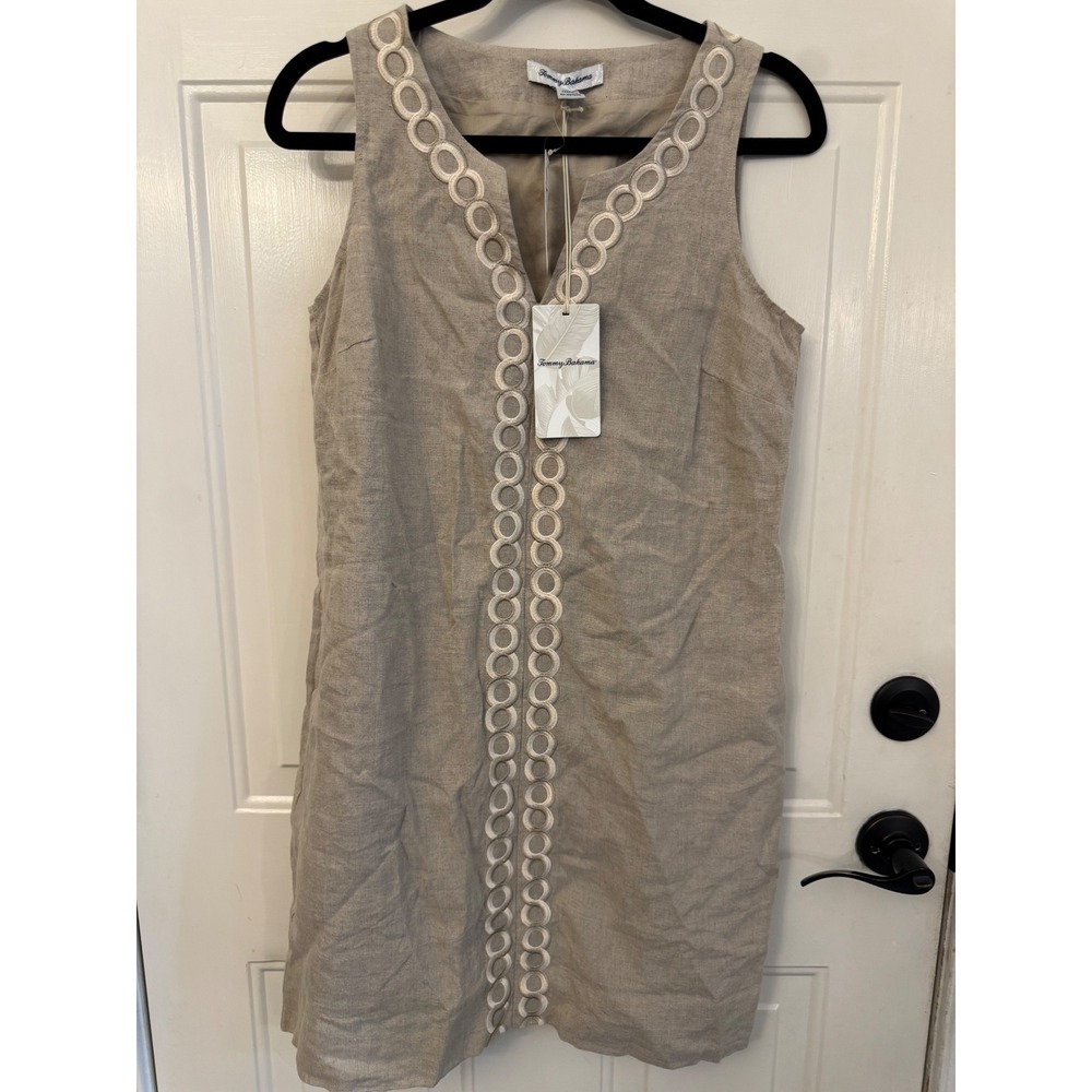 Tommy Bahama Geo Embroidered Short Dress Natural Linen V-Neck Small SW621872 NWT